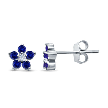 Cluster Flower Stud Earrings Round Simulated Blue Sapphire CZ 925 Sterling Silver